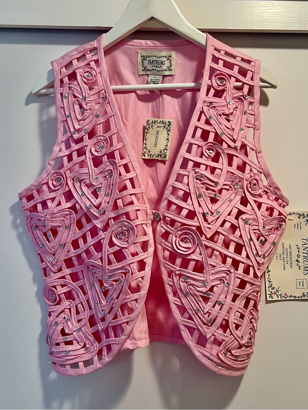 💖Pink Hearts Cotton Vest w Rhinestones by Tantrums • Festival • Vintage